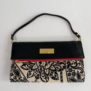 Spartina 449 Wristlet Clutch Black Ivory Floral Paisley Linen Leather Resortwear